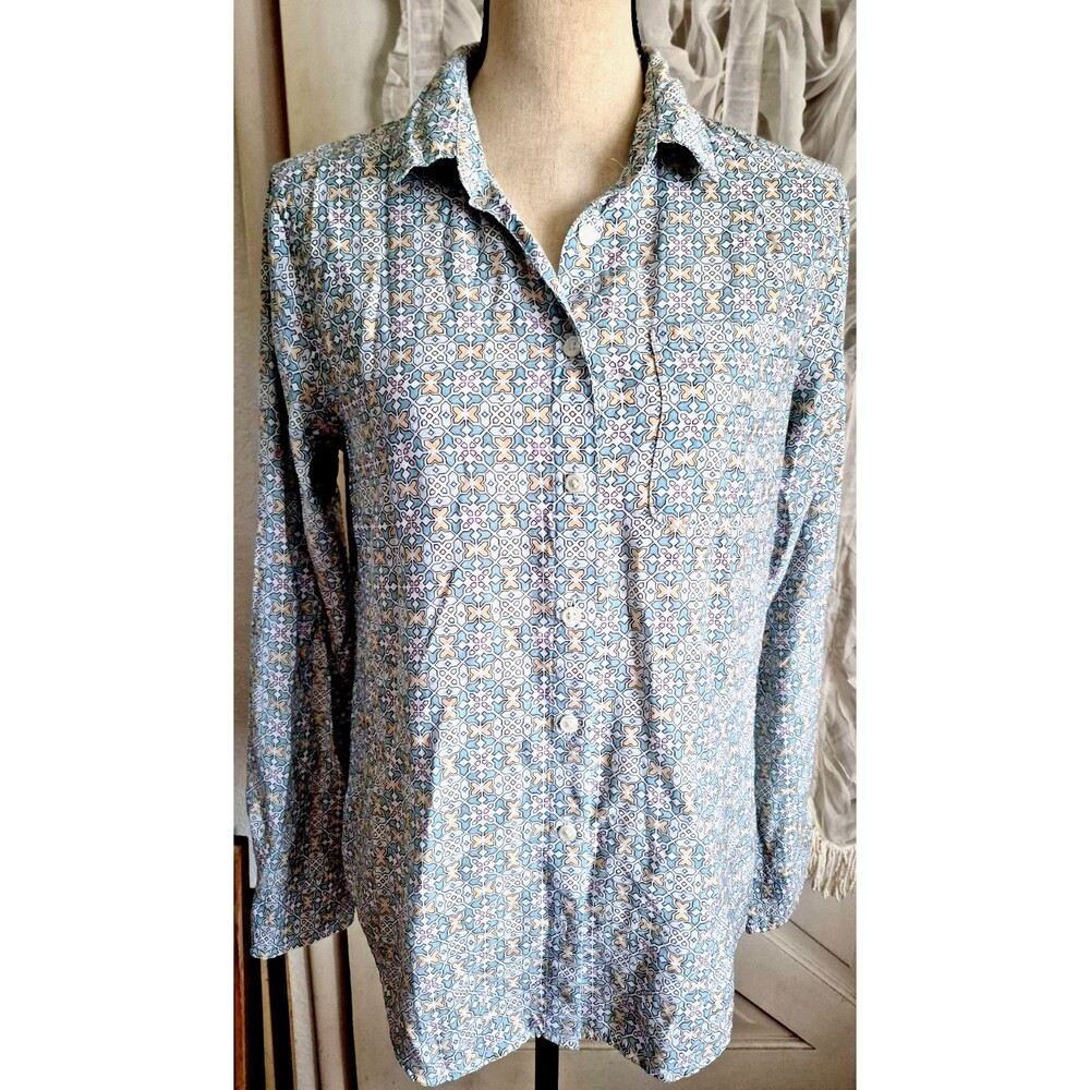 Women Patel Blue Beige  Long Sleeve Button Down Women  M